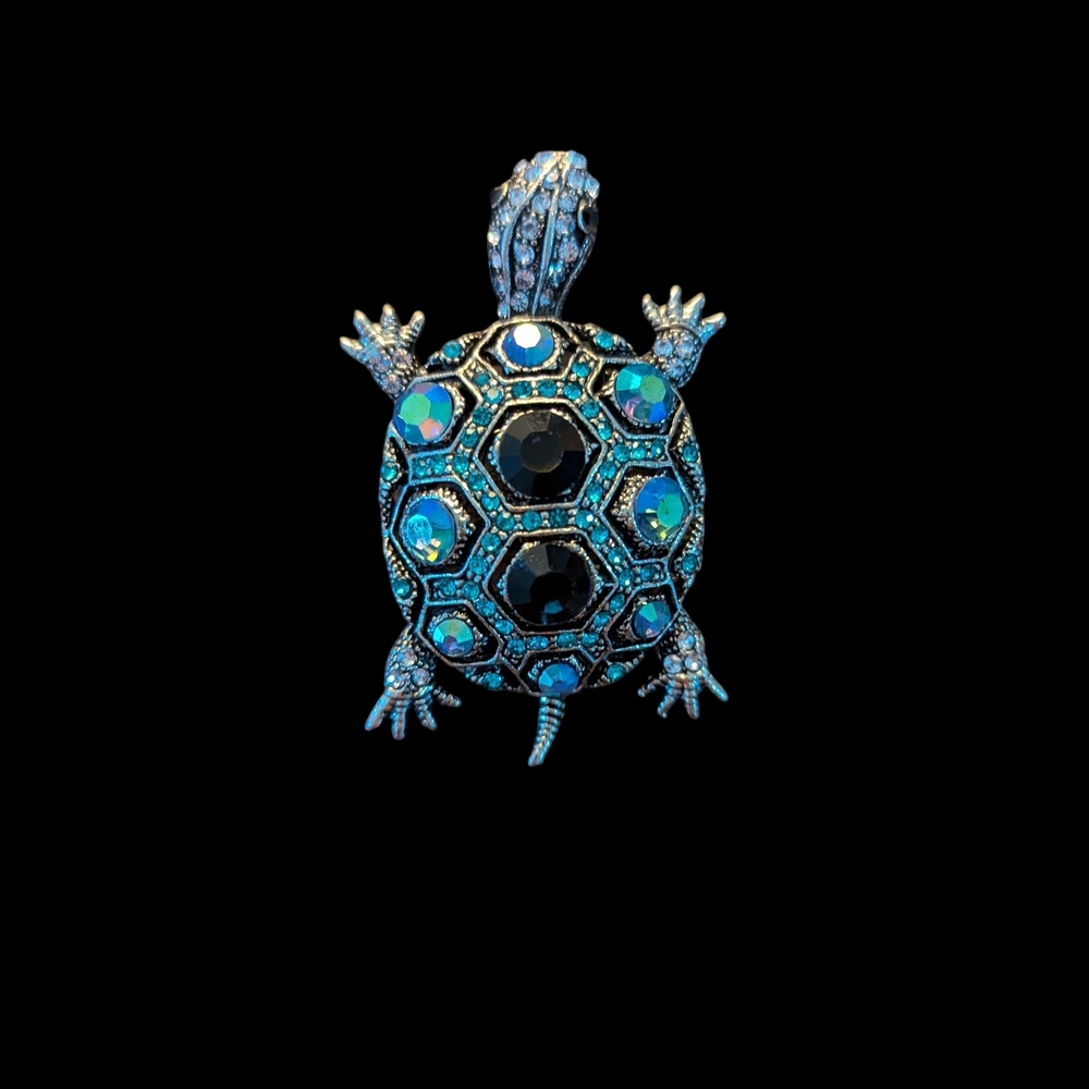 Adorable Blue Crystal Turtle Brooch - Blue Rhinestone